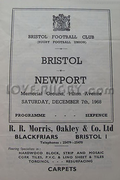 1968 Bristol v Newport  Rugby Programme
