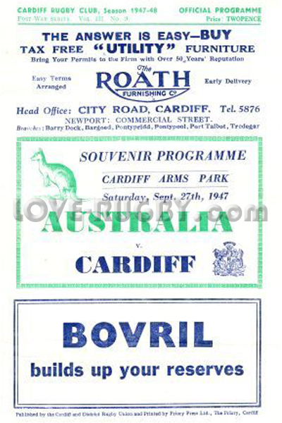1947 Cardiff v Australia  Rugby Programme