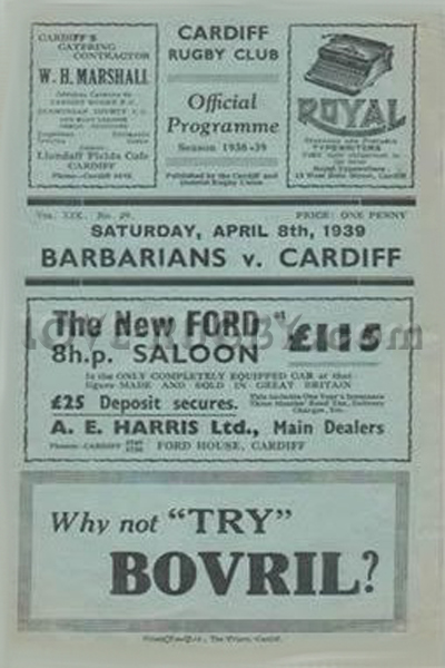 1939 Cardiff v Barbarians  Rugby Programme