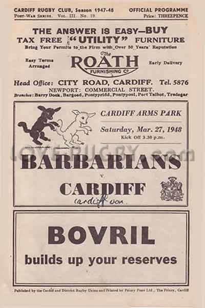 1948 Cardiff v Barbarians  Rugby Programme