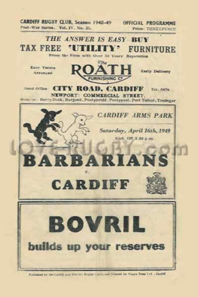 1949 Cardiff v Barbarians  Rugby Programme