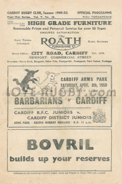 1950 Cardiff v Barbarians  Rugby Programme