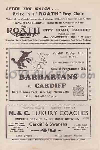 1951 Cardiff v Barbarians  Rugby Programme