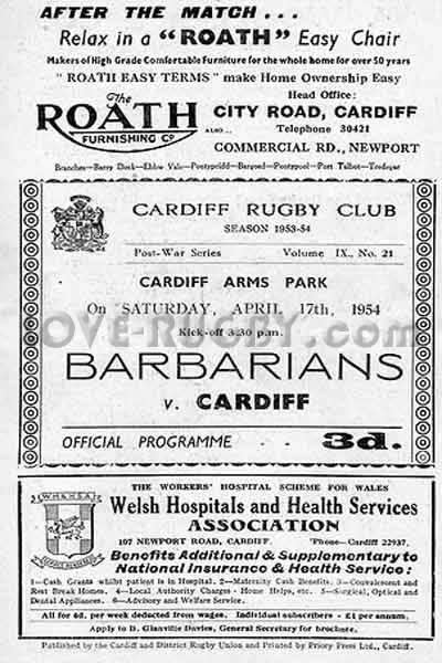1954 Cardiff v Barbarians  Rugby Programme