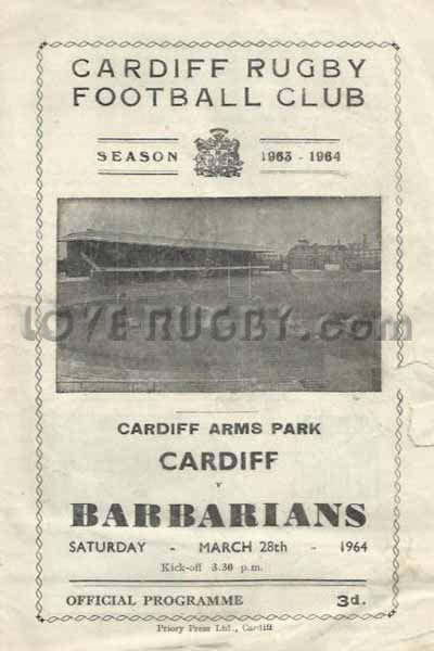 1964 Cardiff v Barbarians  Rugby Programme