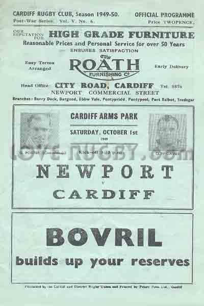 1949 Cardiff v Newport  Rugby Programme