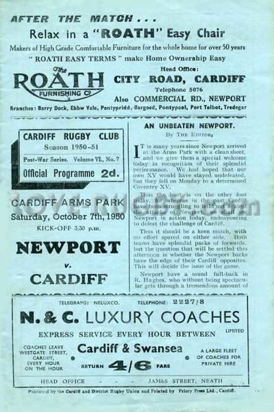 1950 Cardiff v Newport  Rugby Programme