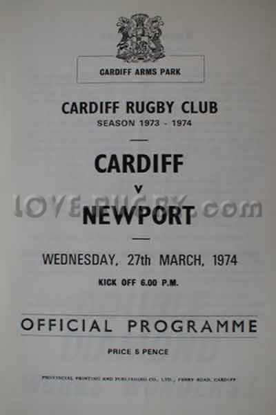 1974 Cardiff v Newport  Rugby Programme