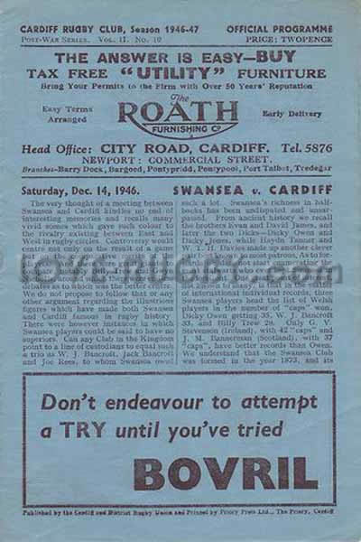 1946 Cardiff v Swansea  Rugby Programme