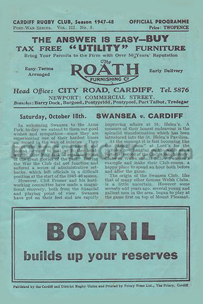 1947 Cardiff v Swansea  Rugby Programme