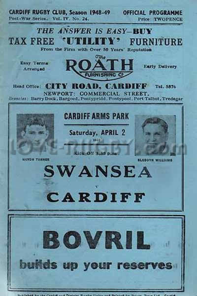 1949 Cardiff v Swansea  Rugby Programme