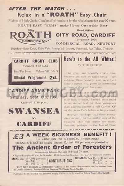 1951 Cardiff v Swansea  Rugby Programme