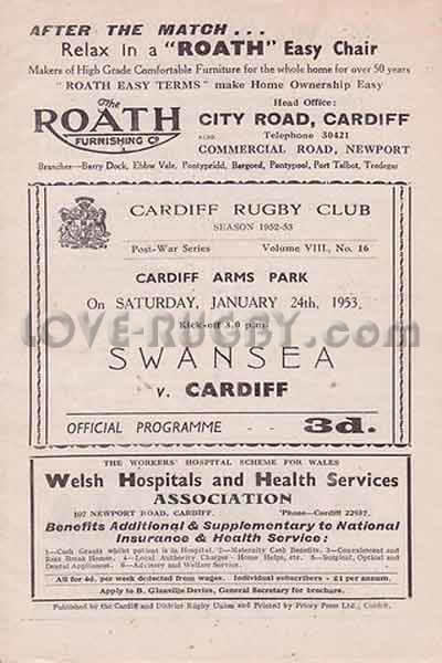 1953 Cardiff v Swansea  Rugby Programme