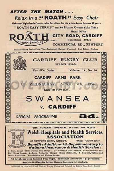 1954 Cardiff v Swansea  Rugby Programme
