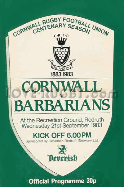1983 Cornwall v Barbarians  Rugby Programme