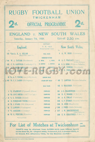 1928 England v Australia  Rugby Programme