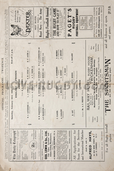 1924 England v France  Rugby Programme