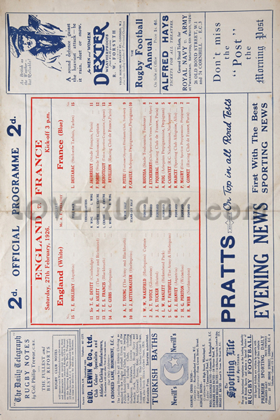 1926 England v France  Rugby Programme