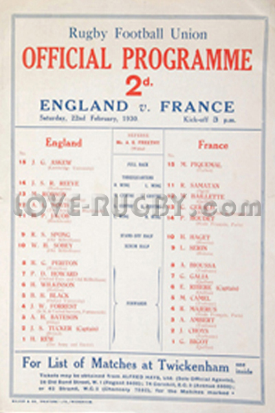 1930 England v France  Rugby Programme