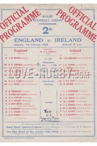 1929 England v Ireland  Rugby Programme