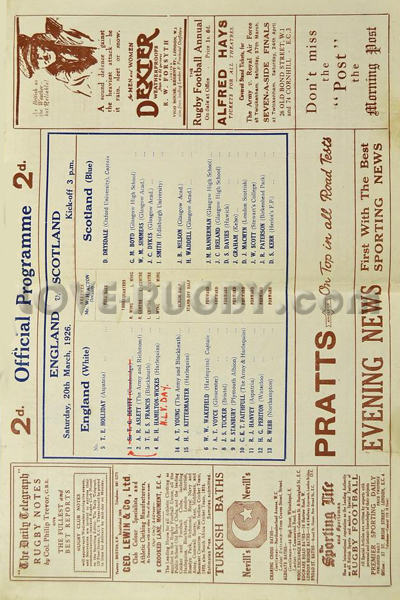 1926 England v Scotland  Rugby Programme