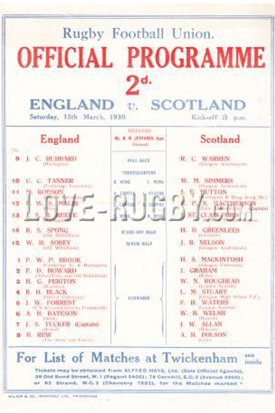 1930 England v Scotland  Rugby Programme