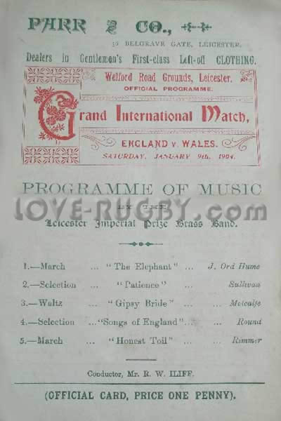 1904 England v Wales  Rugby Programme