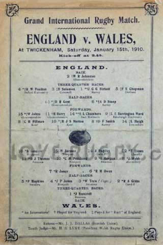 1910 England v Wales  Rugby Programme