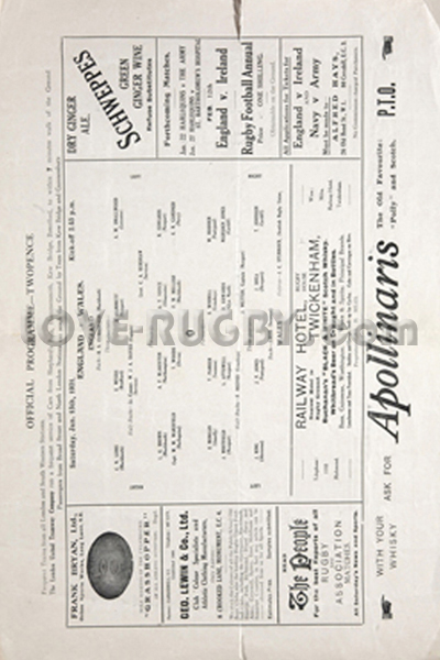 1921 England v Wales  Rugby Programme