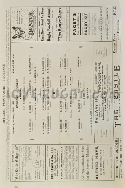 1923 England v Wales  Rugby Programme