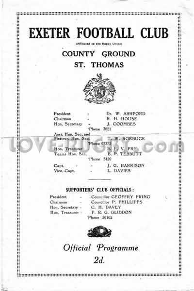 1950 Exeter v Newport  Rugby Programme