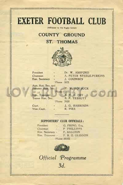 1952 Exeter v Newport  Rugby Programme
