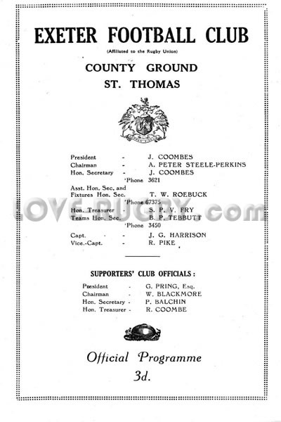 1954 Exeter v Newport  Rugby Programme