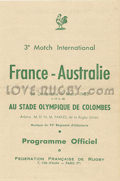 1958 France v Australia  Rugby Programme