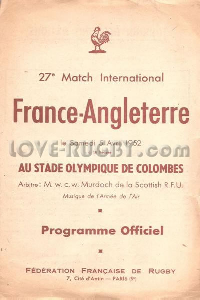 1952 France v England  Rugby Programme