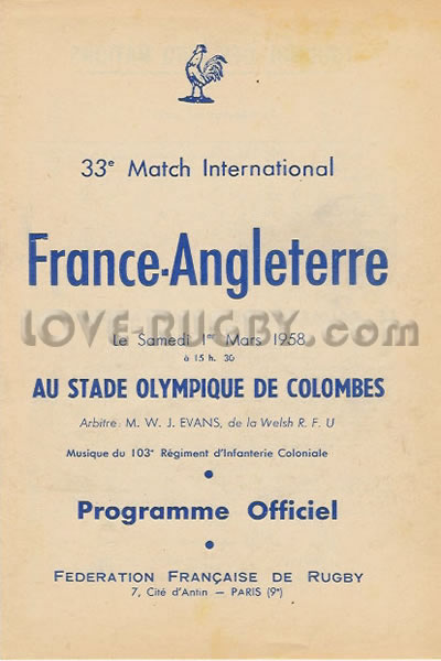 1958 France v England  Rugby Programme