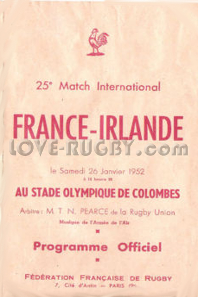 1952 France v Ireland  Rugby Programme
