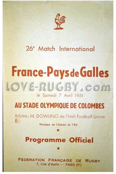 1951 France v Wales  Rugby Programme