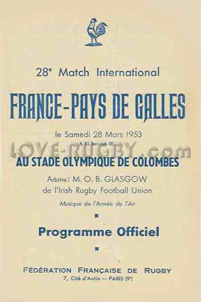 1953 France v Wales  Rugby Programme