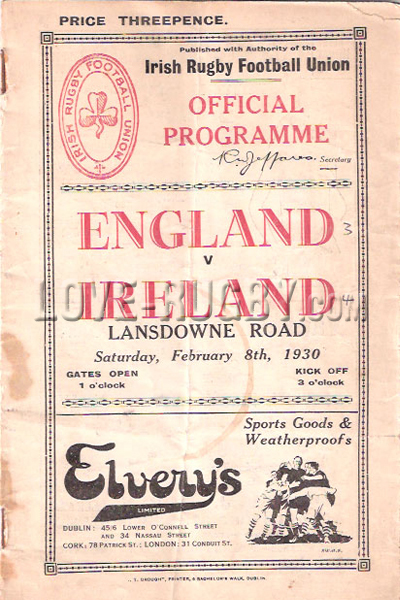 1930 Ireland v England  Rugby Programme