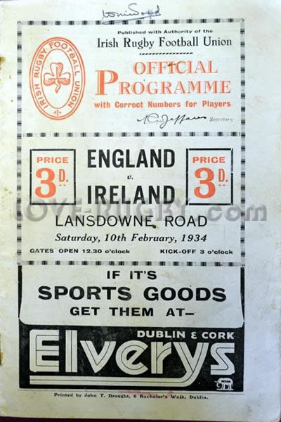 1934 Ireland v England  Rugby Programme