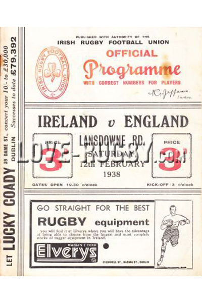 1938 Ireland v England  Rugby Programme