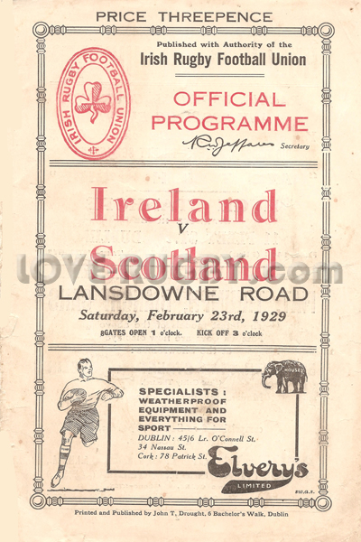 1929 Ireland v Scotland  Rugby Programme
