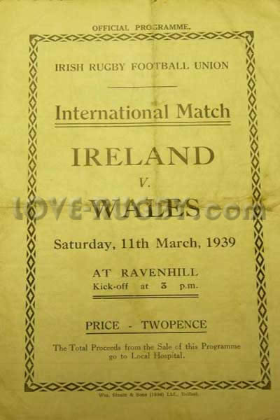 1939 Ireland v Wales  Rugby Programme