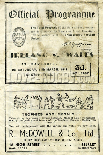 1948 Ireland v Wales  Rugby Programme