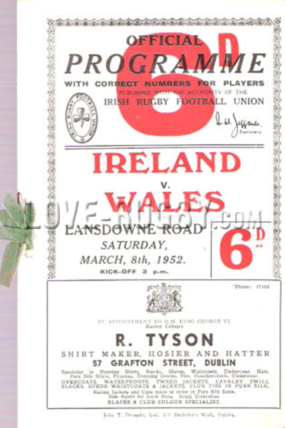 1952 Ireland v Wales  Rugby Programme