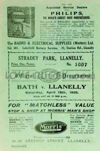 1935 Llanelli v Bath  Rugby Programme