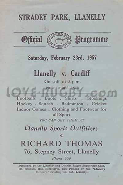 1957 Llanelli v Cardiff  Rugby Programme