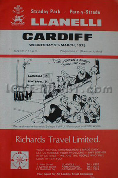 1975 Llanelli v Cardiff  Rugby Programme