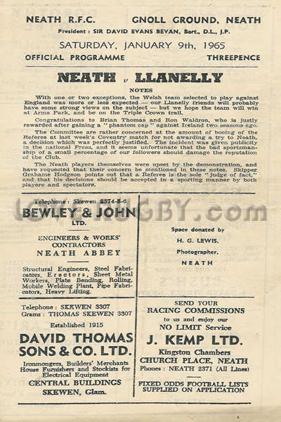 1965 Neath v Llanelli  Rugby Programme